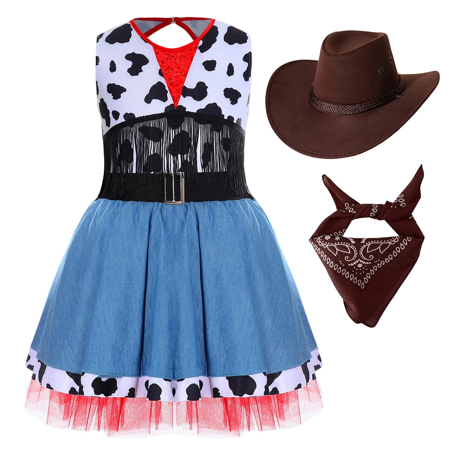 Costume de cow-girl western pour fille, 3 pièces, robe tutu à franges avec bandana et chapeau de cowboy