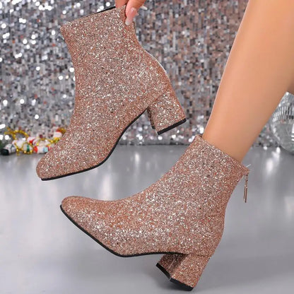 Luxury Sequined Silver Chelsea Boots Women 2025 Autumn Square Toe Rear Zip Ankle Boots Sexy Shiny Gold High Heel Party Booties