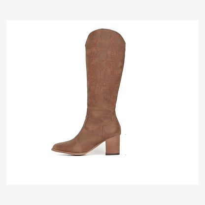 Bottes de cavalière roses style western, bottes de cowboy pointues mi-mollet, bottes en cuir à gros talon brodées pour femmes