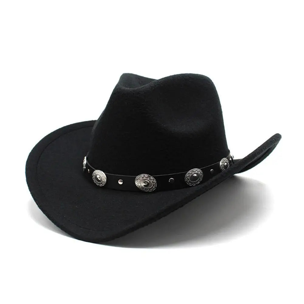 Womens Felt Western Cowboy Hats Studded Pinched Western Cowgirl Hats Wide Brim Retro Fedoras Hat Belt Buckle Vacation Party Hat