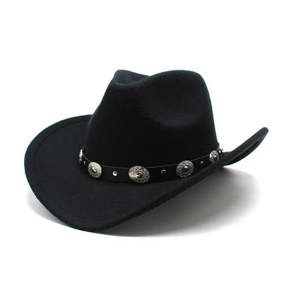 Womens Felt Western Cowboy Hats Studded Pinched Western Cowgirl Hats Wide Brim Retro Fedoras Hat Belt Buckle Vacation Party Hat