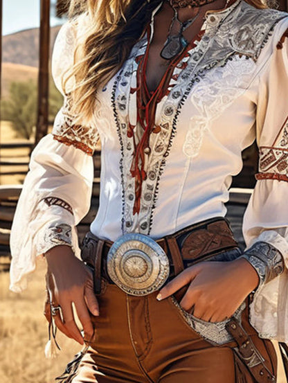 Vintage Western Style Blouse Women Lace-Up Flare Sleeve Boho Cowgirl Top for Summer Music Festival Country Party Outfits