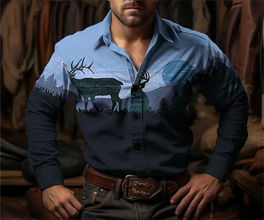 Chemise à manches longues à imprimé floral de cow-boy occidental pour le printemps et l'été, chemise à col pour homme en tissu doux et confortable