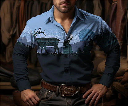 Chemise à manches longues à imprimé floral de cow-boy occidental pour le printemps et l'été, chemise à col pour homme en tissu doux et confortable