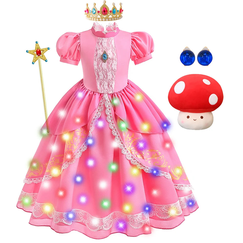 Peach Princess Costume with LED Color Light Toddler Birthday Game Role Play Dress Girl Halloween Festival Gown Pink Lace 2-9 Y C