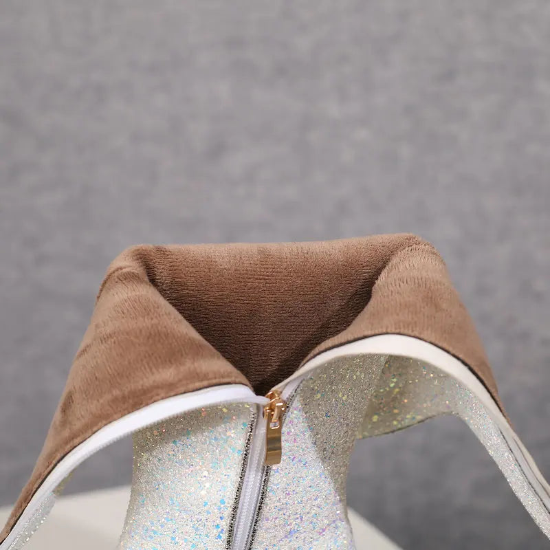 Grainy Sequin Women's Tall Boots Bling Sung Fit Knee High Boots 6.5cm Heels Comfy 2024 Winter Shoes