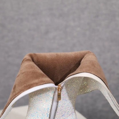 Grainy Sequin Women's Tall Boots Bling Sung Fit Knee High Boots 6.5cm Heels Comfy 2024 Winter Shoes