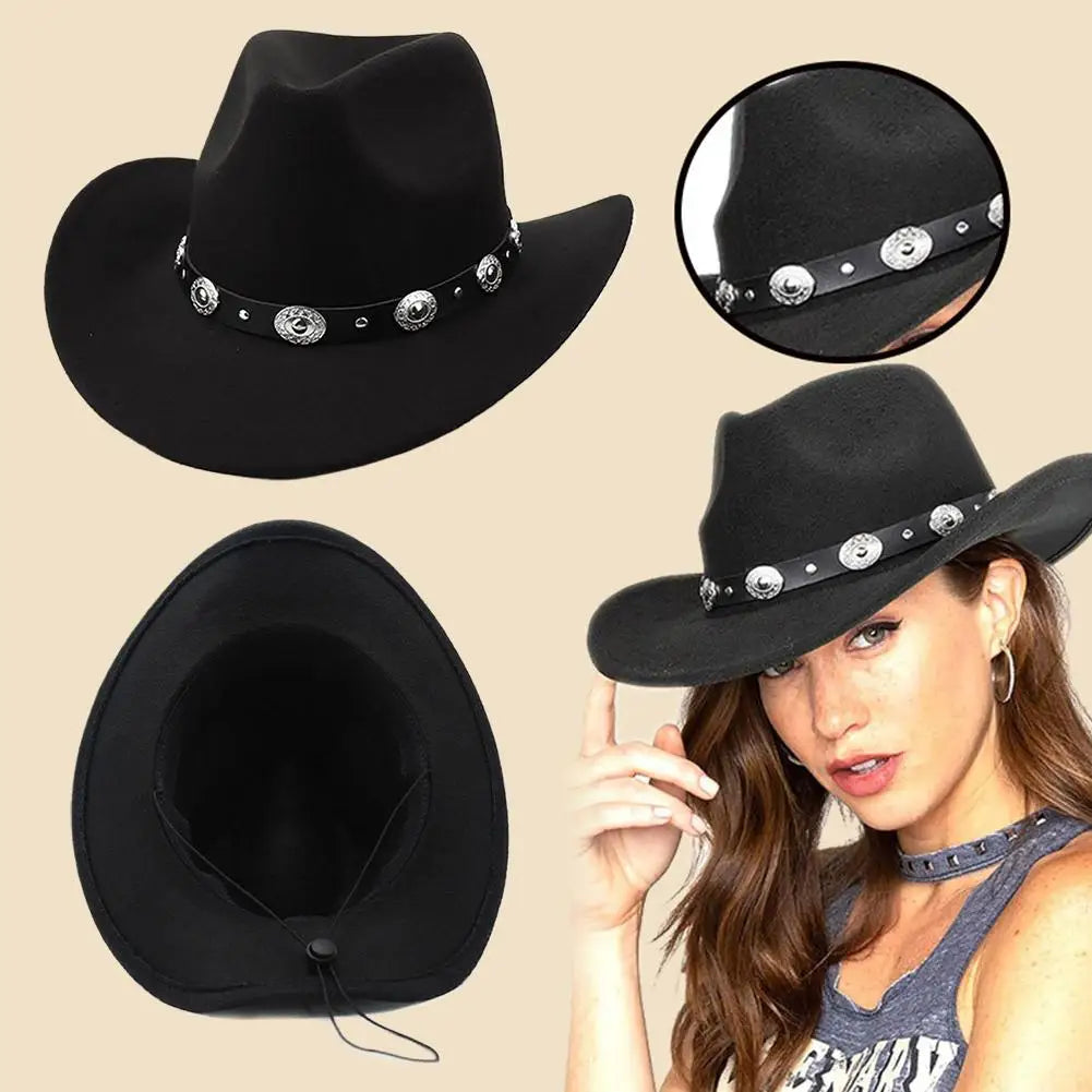Womens Felt Western Cowboy Hats Studded Pinched Western Cowgirl Hats Wide Brim Retro Fedoras Hat Belt Buckle Vacation Party Hat