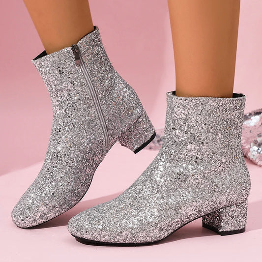 Women's Sparkling Silvers Glitter Ankle Boots Fashion Chunky Mid Heel Zipper Short Boots Women Round Toe Plus Size Botas Mujer