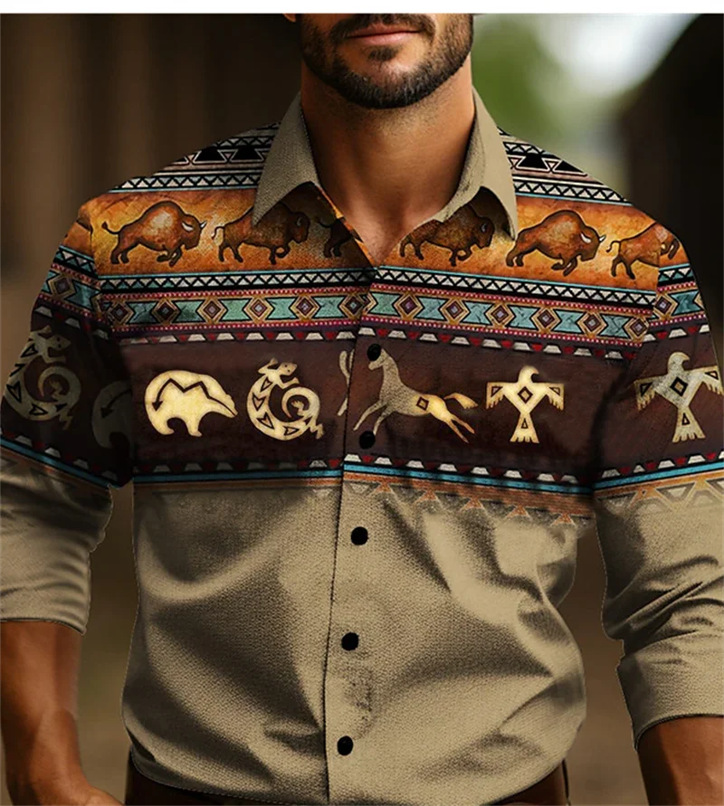 Chemise à manches longues style occidental pour homme, coupe ajustée, décontractée, confortable, simple, tenue sociale, style national rétro, style tribal