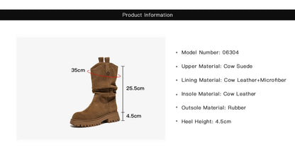 BEAUTODAY Ruched Western Boots Women Cow Suede Leather Rivet Decoration Round Toe Solid Color Autumn Winter Shoes Handmade 06304