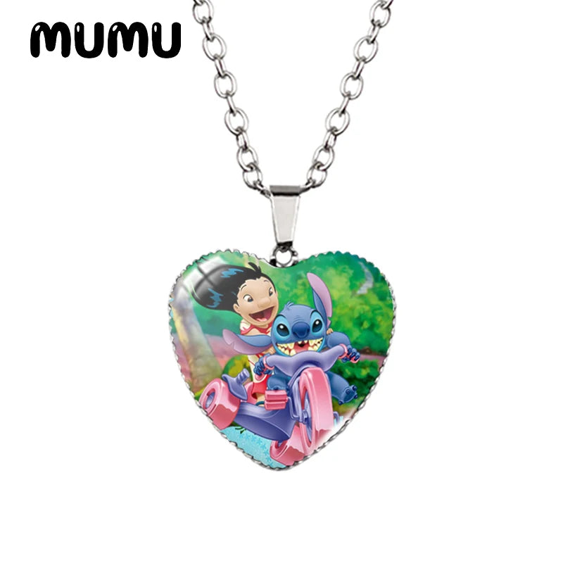 Collier Lilo Stitchou Angle Heart en verre imprimé avec pendentif photo, bijoux faits à la main, cadeaux pour enfants, nouveauté 2024