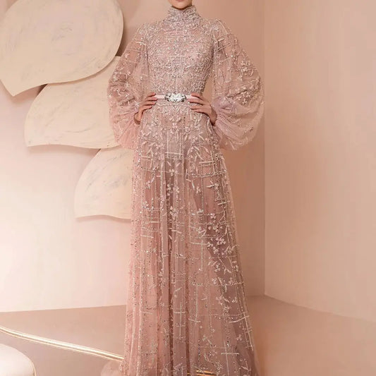 FATAPAESE Customized GlitterNude Bridesmaid Dress Puff Sleeve Fully Beaded Sequins Stones A-line Gown Wedding Engagement Dress