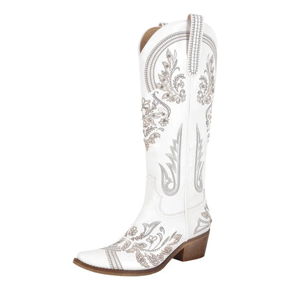 Bottes de cowboy blanches brodées Onlymaker pour femmes, à talon bloc, bout pointu, ornées de cristaux, style cowgirl.