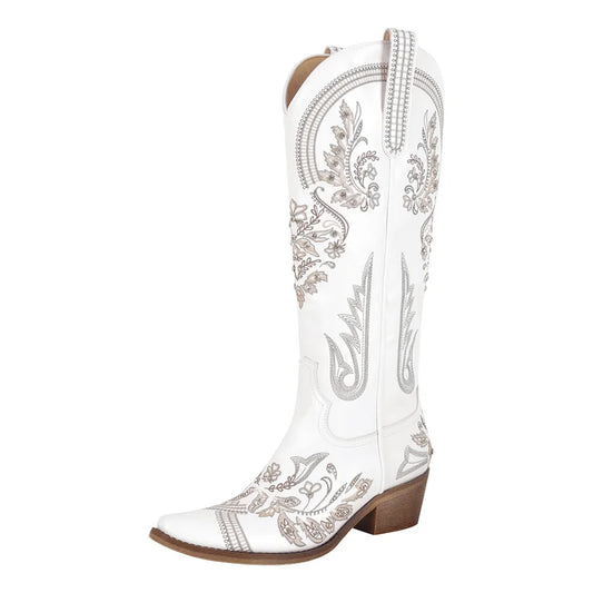 Bottes de cowboy blanches brodées Onlymaker pour femmes, à talon bloc, bout pointu, ornées de cristaux, style cowgirl.