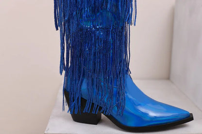 Bottes western à sequins et pompons, noires et argentées, courtes, en peluche, automne/hiver, talon de 6,5 cm, style bohème, hauteur genou, pointures 36 a 46.