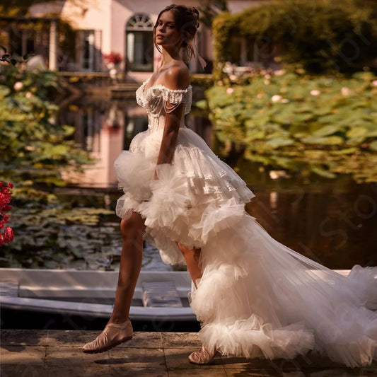 Customized Vintage Two Pieces Ball Gown Wedding Dresses Off Shoulder High Low Bridal Gown with Detachable Train Bride Dress Lace