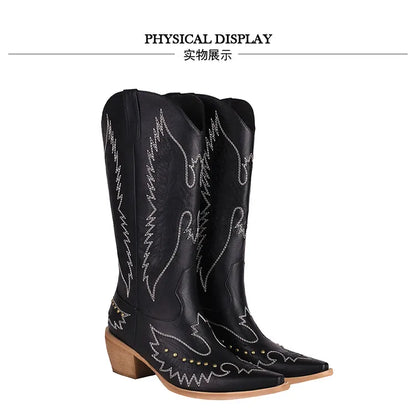 NASBAVI Red Western Cowboy Boots for Women Embroidered Pointed Toe Shoes Knee High Wide Calf Cowgirl Boots