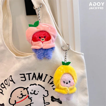 Anime BT21 Plush Pendant Cartoon Tata Koya Doll Keychain Cute Fruit Hood Series Key Chain Wholesale Girl Bag Pendant Gift