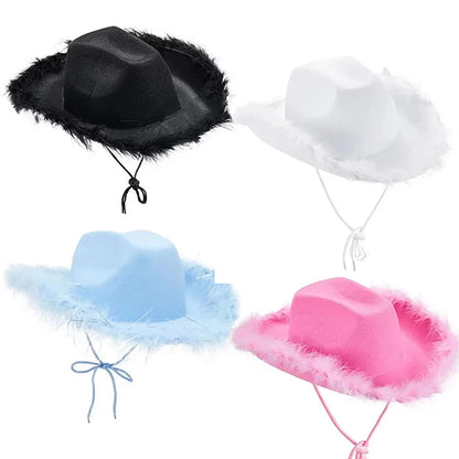 Chapeau de cow-girl rose pour femme, chapeau de cowboy à bord en fourrure rose, pour bar, danse, fête, déguisement, pour filles heureuses, chapeau de cowboy rose pour fête d'anniversaire