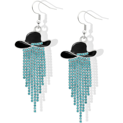 Western Cowgirl Dangle Earrings Enamel Hat Sparkly Rhinestone Tassel Pendant Prom Country Concerts Rodeo Cowboy Women Jewelry
