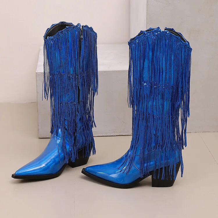 Bottes western à sequins et pompons, noires et argentées, courtes, en peluche, automne/hiver, talon de 6,5 cm, style bohème, hauteur genou, pointures 36 a 46.