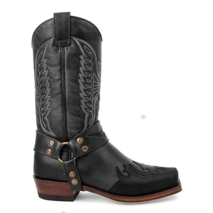 2025 Luxury Foreign Trade New Men's Square Head European and American Embroidery Men's Leather Knight Boots Low Heel Men's Shoes