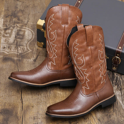 Men Boot 2024 Mid Calf Western Cowboy Motorcycle Boots Male Autumn Outdoor PU Leather Totem Med Heel Fashion Designed Men Boots