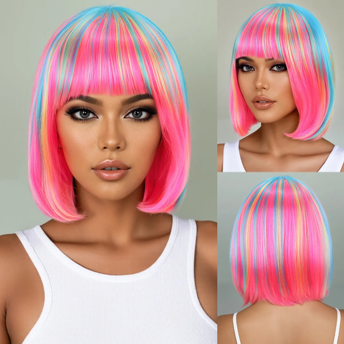 Perruque synthétique multicolore arc-en-ciel pour fêtes quotidiennes, perruque cosplay Halloween, perruque coiffure bob, couvre-chef