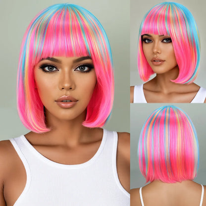 Perruque synthétique multicolore arc-en-ciel pour fêtes quotidiennes, perruque cosplay Halloween, perruque coiffure bob, couvre-chef