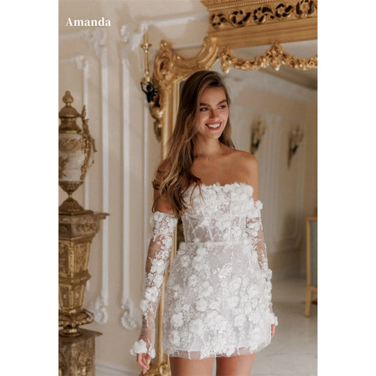 Amanda Customized Bead String Strapless robes de soirée Appliques Thigh-Length Evening Dresses Valentines Day Wedding Dress