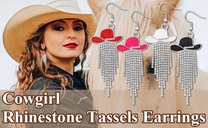 Western Cowgirl Dangle Earrings Enamel Hat Sparkly Rhinestone Tassel Pendant Prom Country Concerts Rodeo Cowboy Women Jewelry