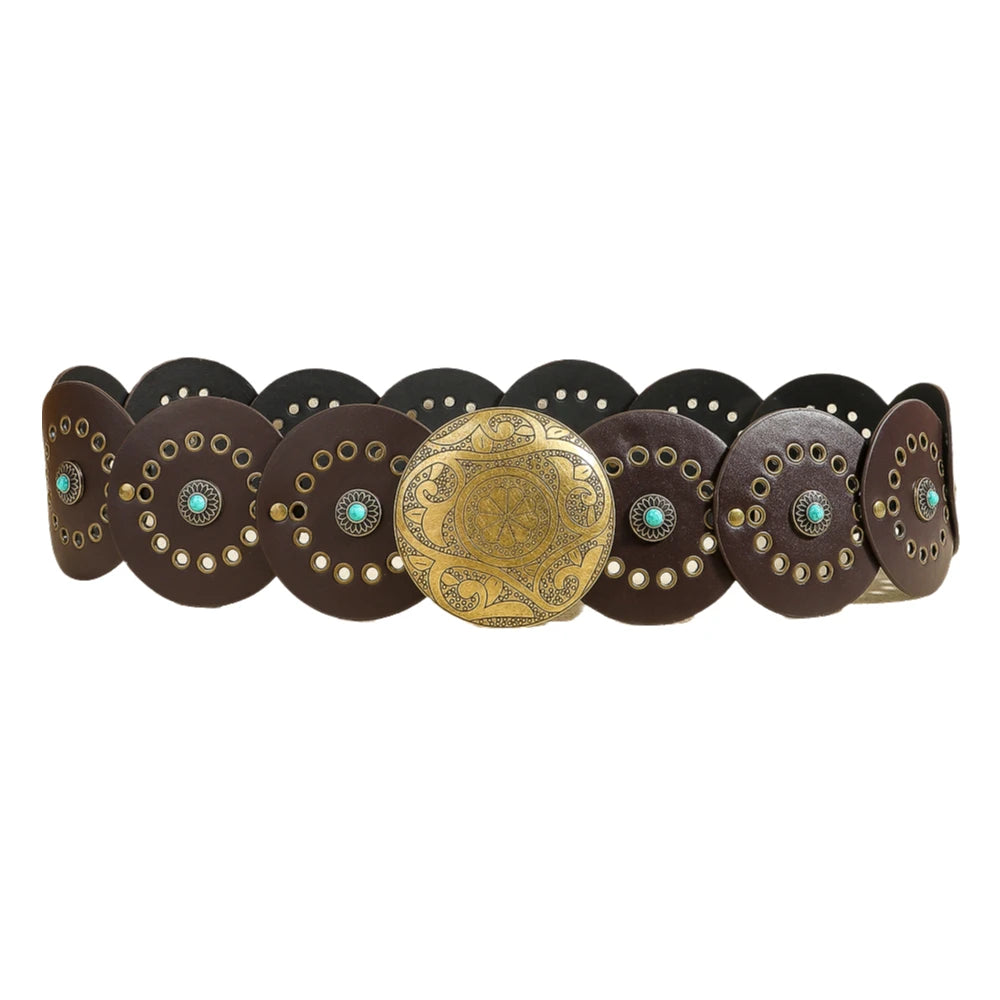 Exaggerated Wide Boho Disc Belt Rivet Turquoise Carved Buckle Waist Belt Adjustable Alloy Western Leather Waistband Cowgirl