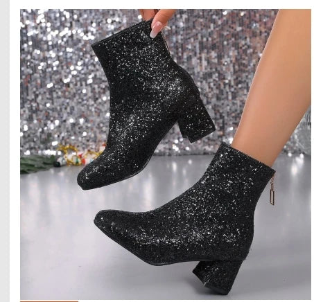 Women Boots 2024 New Fashion Sequins Round Toe Ankle Boots Women Autumn Winter Party Chunky Heels Shoes for Women Botas De Mujer