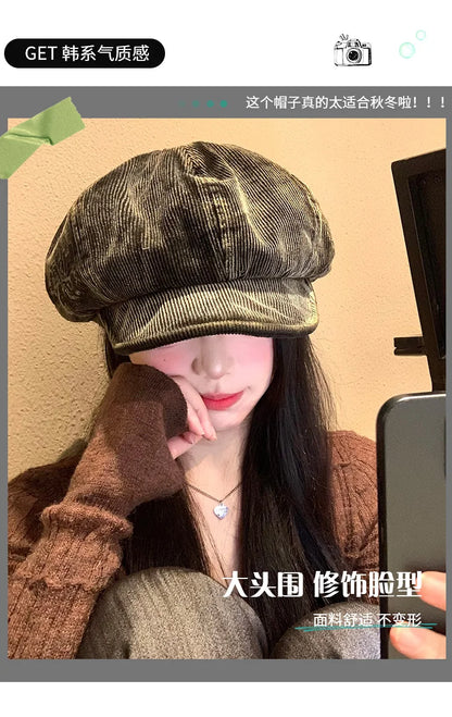 Bérets en velours côtelé rétro brodés avec lettres mignonnes pour femmes, petit chapeau de peintre littéraire polyvalent et décontracté pour printemps et automne