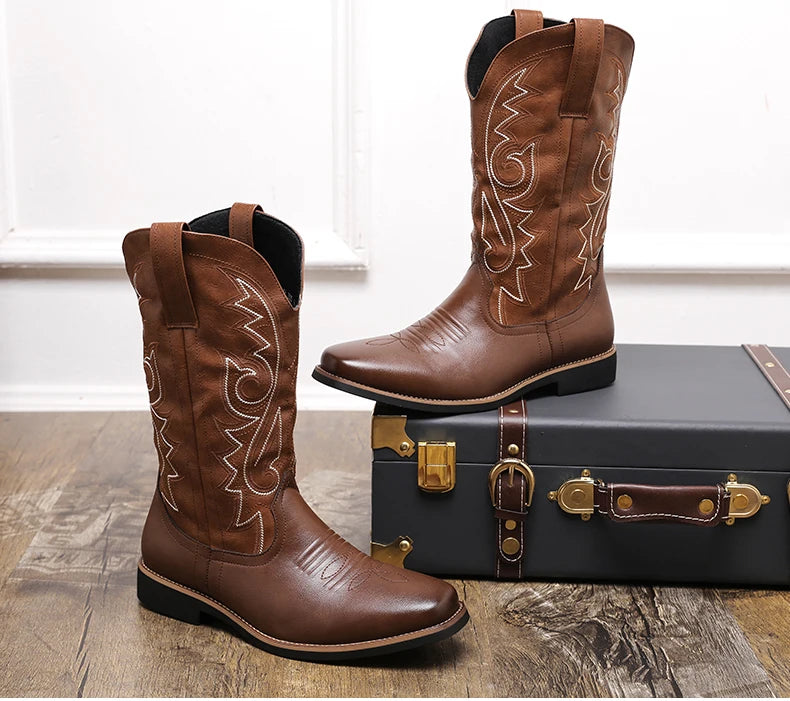 Men Boot 2024 Mid Calf Western Cowboy Motorcycle Boots Male Autumn Outdoor PU Leather Totem Med Heel Fashion Designed Men Boots