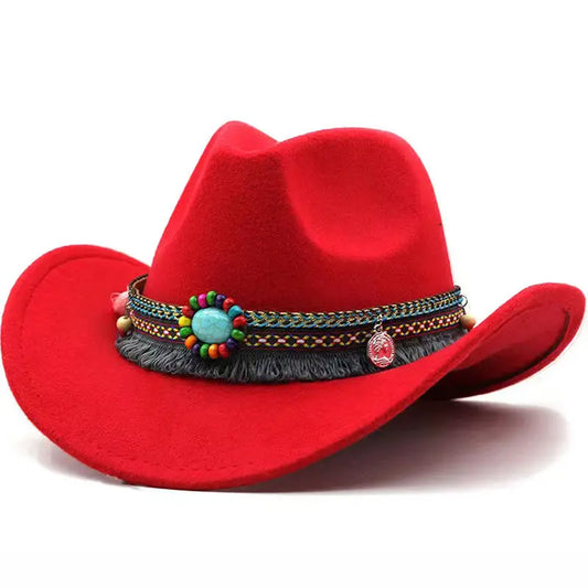 Chapeau de Cowboy occidental en laine avec pompon, ceinture Montana Sombrero pour hommes et femmes, Cowgirl, couleur unie, Jazz, Design creux élégant pour dame