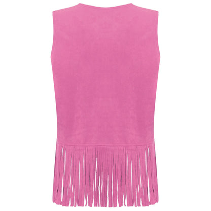 Womens Western Cowgirl Fringe Hippy Cosplay Costume 70s Disco Vest Vintage Hollow Out Tassel Tank Tops Faux Suede Waistcoat