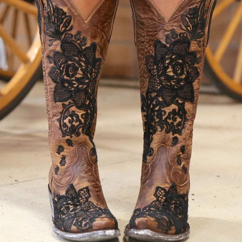 Western Style Women's Pointed Large Embroidered Rose High Heels Vintage Old Women's Boots High Barrel Western Boots