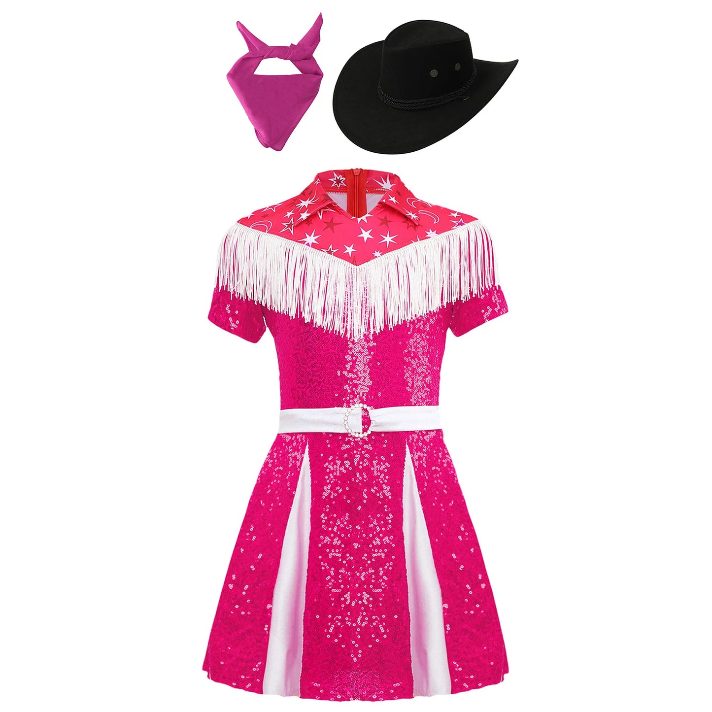Costume de cow-girl western 3 pièces pour fille, robe plissée à paillettes avec chapeau de cowboy et bandana, pour Noël, Halloween, fête