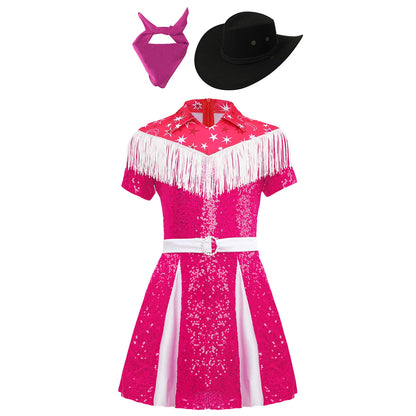 Costume de cow-girl western 3 pièces pour fille, robe plissée à paillettes avec chapeau de cowboy et bandana, pour Noël, Halloween, fête