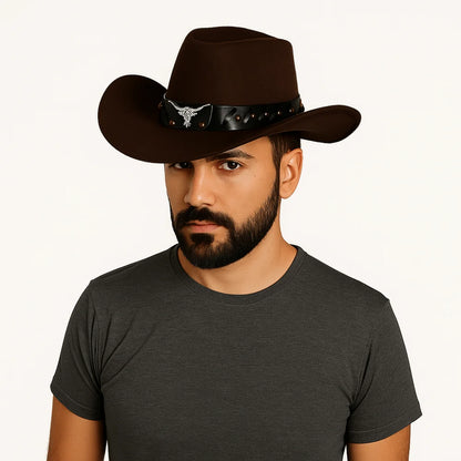 Chapeau de Cowboy occidental de Style ethnique Vintage, tête de vache à bord en rouleau, chapeau de Jazz en Polyester à large bord, chapeau de chevalier Cosplay