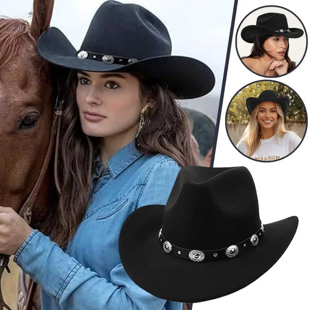 Womens Felt Western Cowboy Hats Studded Pinched Western Cowgirl Hats Wide Brim Retro Fedoras Hat Belt Buckle Vacation Party Hat