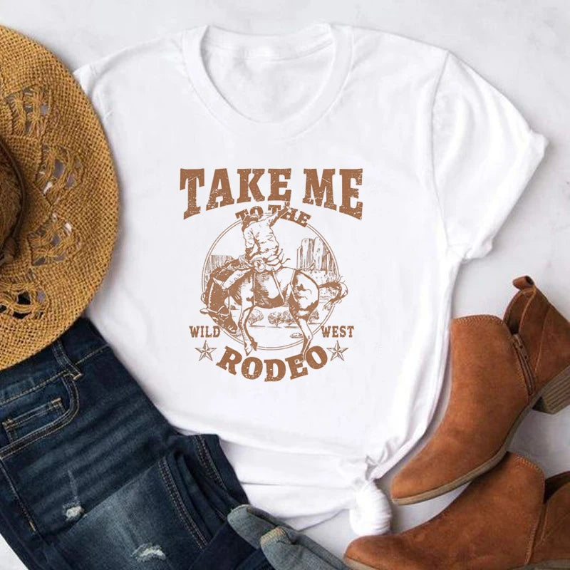 Cowboy Rodeo Graphic Tees Women Vintage Country Music Tshirt Cowgirl Cute Funny Western T-shirts Outfits Female Retro Shirt Tops
