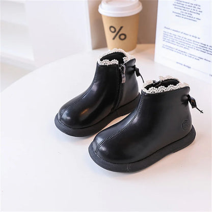 2024 New Autumn Children Boots Leather Girls Ankle Boots  Lace Butterfly-knot  Rubber Sole Fashion Toddler Kids Boots EU 21-30