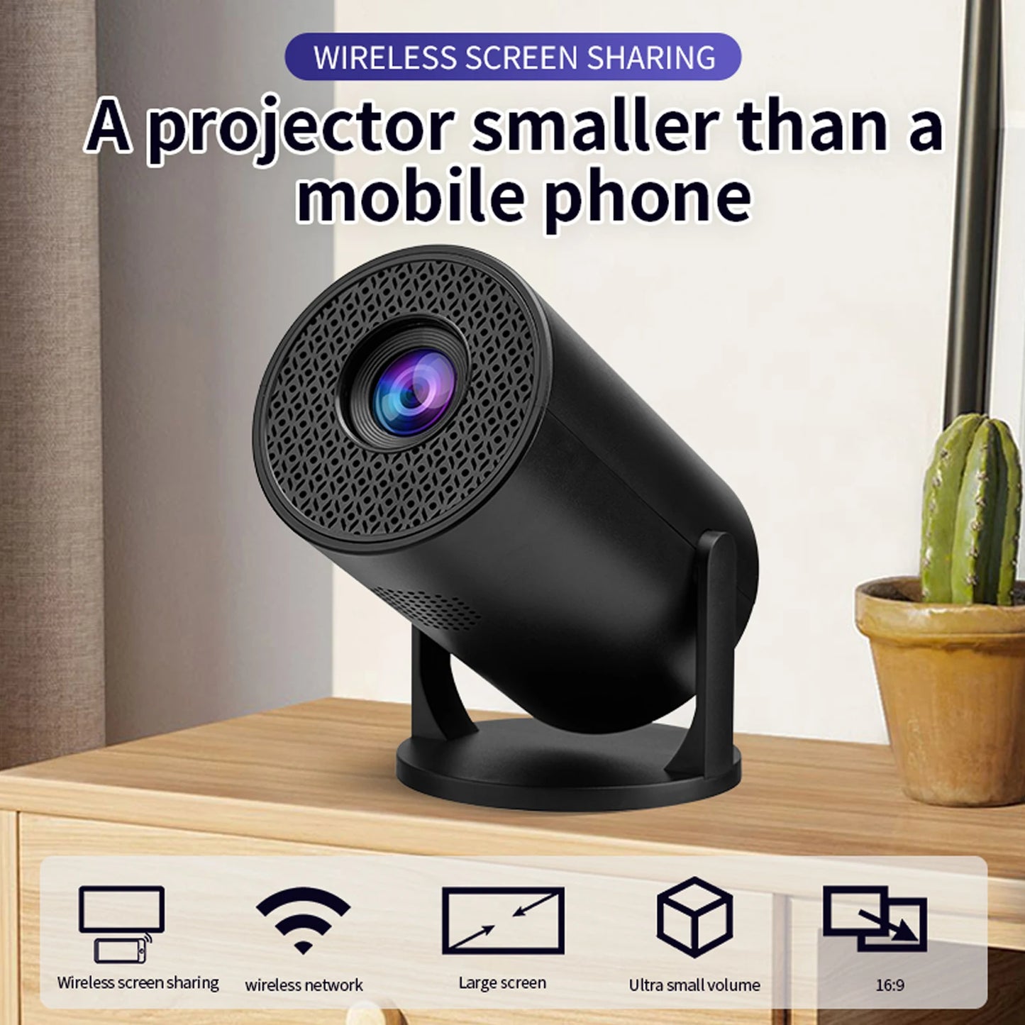 Video Projector Portable Projector Bluetooth Wireless Fidelity USB TV Sticks 8000lm Brightness Black for Laptop PC Smartphone