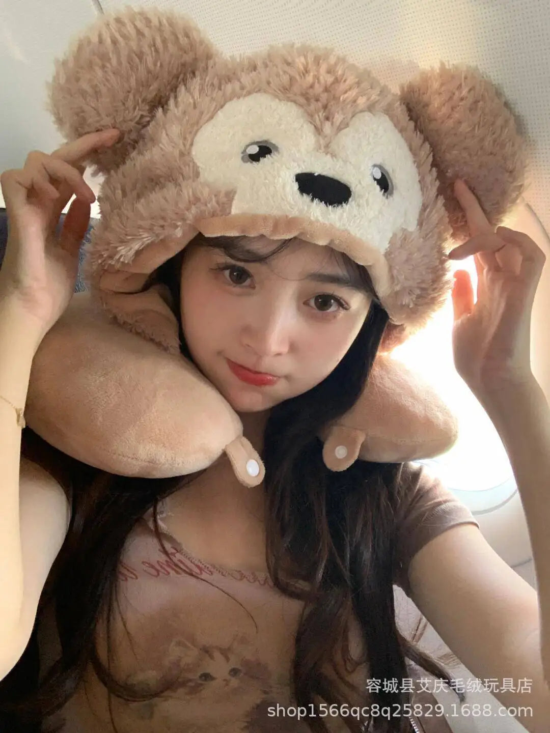 Cartoon plush Stitch Ling Nabelle U-shaped pillow with hooded neck pillow travel car plane office nap artifact girl gifts