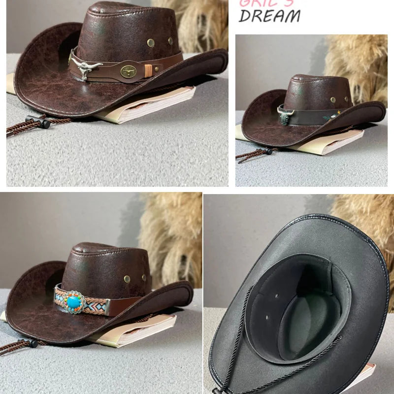 Western Cowboy Hat Ox Head Belt Rivet Fedora Cap For Men Women Outdoor Travel Wide Brim Sun Hat Faux Leather Panama Cowgirl Cap