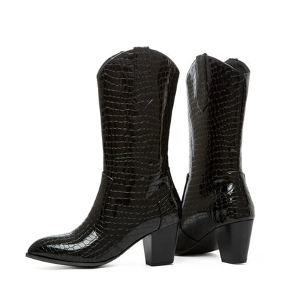 Botas De Mujer Western Cowboy Boots for Women PU Leather Chelsea Boots High Heels Gothic Platform Shoes Big Size 46 47 48 307-1