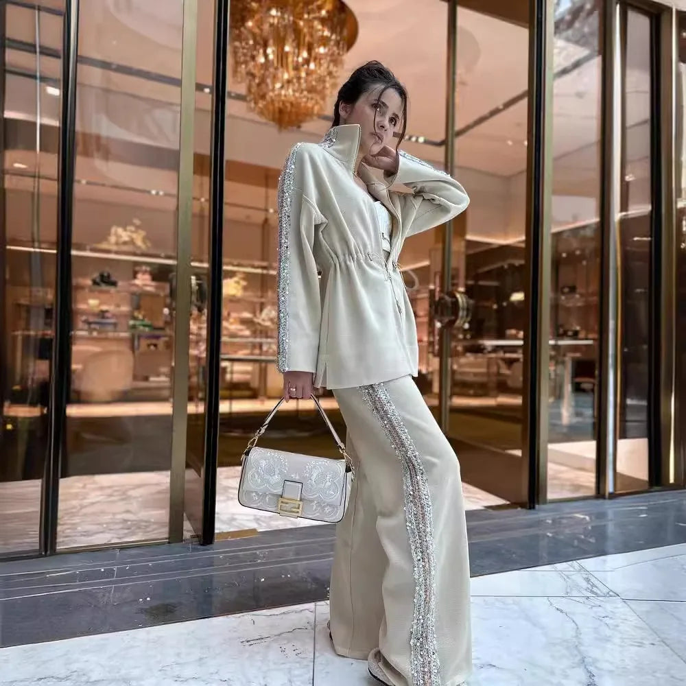 Ensemble deux pièces pour femme, mode automne-hiver, patchwork, paillettes, manches longues contrastées, fermeture éclair, manteau, pantalon large décontracté